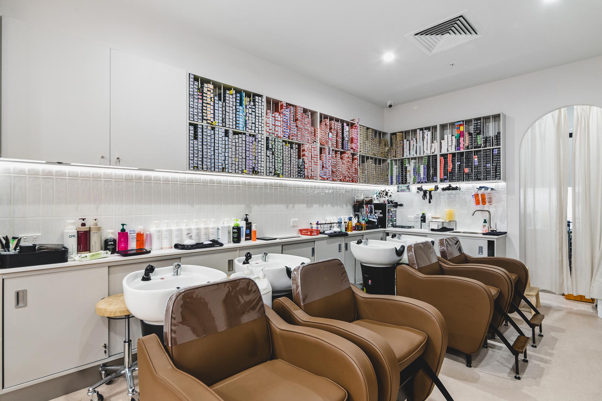 hair salon fitout with basins and comfy chairs in Perth
