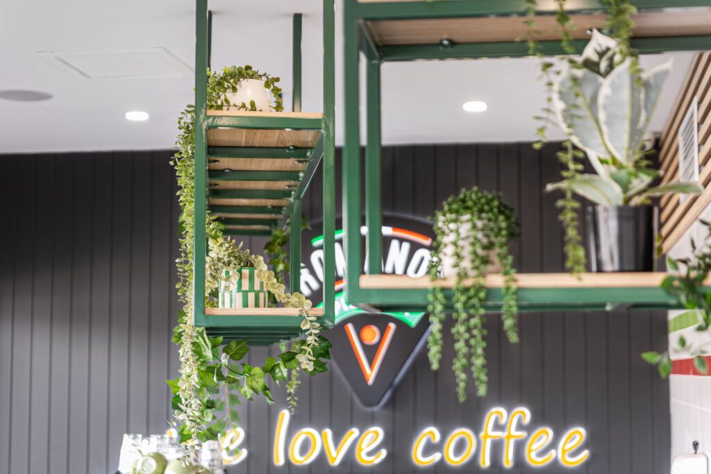 plants and reclaimed wood for a sustainable commercial fitout at a cafe in Perth, Australia