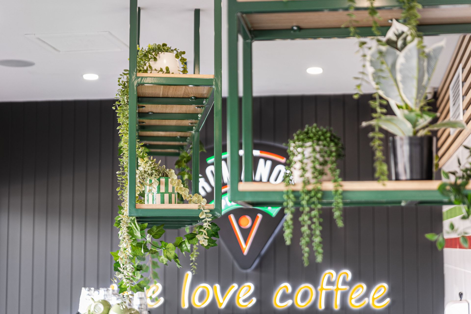 plants and reclaimed wood for a sustainable commercial fitout at a cafe in Perth, Australia